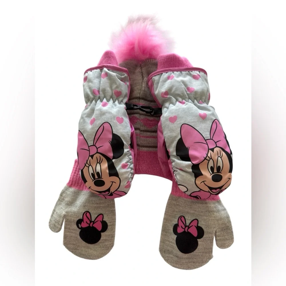 Disney Minnie Mouse Hat & Mittens Set - Pink and Gray - Girls
